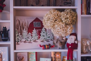 Bookshelf with painting of a barn and a santa