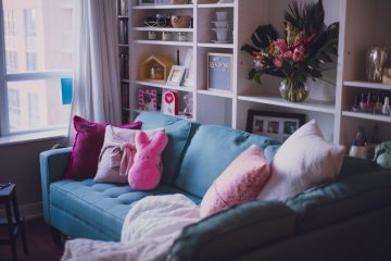 Living room decorated with pink decor for Valentine's Day