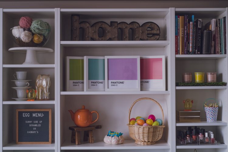 Bookcase decorated for Easter