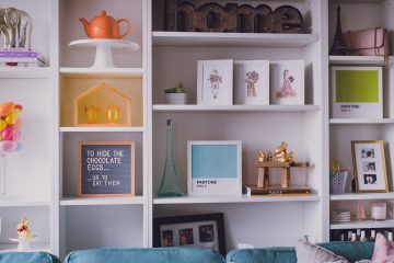 cheerful and bright living room bookcase decorated for easter